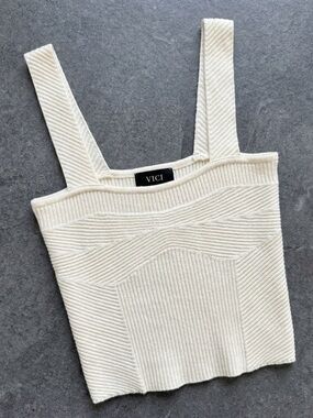 VICI Cream Chevron Ribbed Knit Tank | Texture | Square Neck | XS